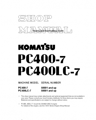 PC400LC-7(JPN)--50C DEGREE FOR CIS S/N 50001-UP Shop (repair) manual (English)
