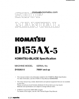 D155AX-5(JPN)-IBLADE SPEC S/N 76001-UP Shop (repair) manual (English)
