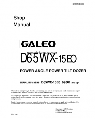 D65WX-15(JPN)-E0, POWER ANGLE TILT S/N 69001-UP Shop (repair) manual (English)