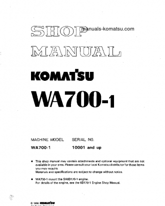 WA700-1(JPN)--50C DEGREE S/N 10001-UP Shop (repair) manual (English)