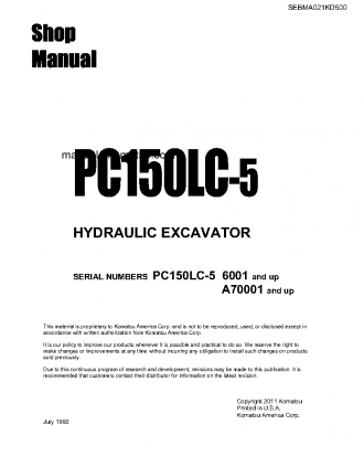 PC150LC-5(USA) S/N A70001-UP Shop (repair) manual (English)