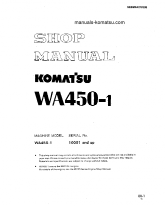 WA450-1(JPN)-L S/N A20038-UP Shop (repair) manual (English)