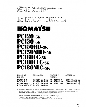 PC180LLC-5(GBR)-K S/N K20001-UP Shop (repair) manual (English)
