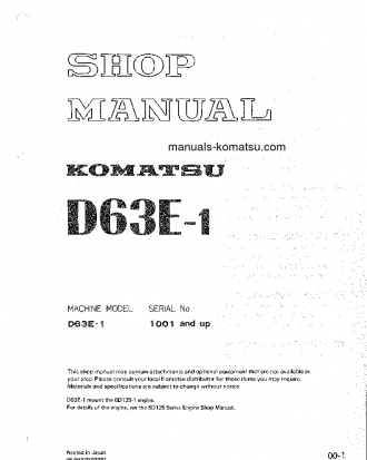 D63E-1(JPN) S/N 1001-UP Shop (repair) manual (English)