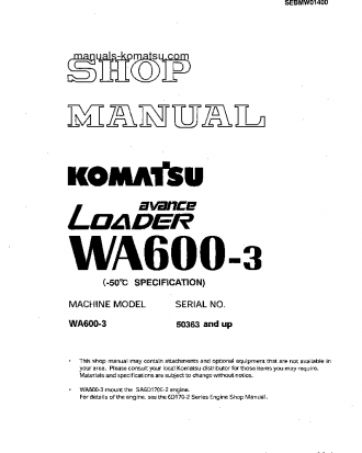 WA600-3(JPN)--50C DEGREE S/N 50363-UP Shop (repair) manual (English)