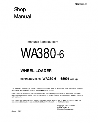WA380-6(JPN)-FOR N. AMERICA S/N 65001-UP Shop (repair) manual (English)