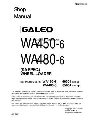 WA480-6(JPN) S/N 85001-UP Shop (repair) manual (English)