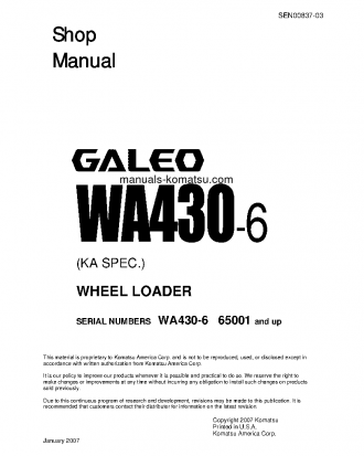 WA430-6(JPN)-FOR N. AMERICA S/N 65001-UP Shop (repair) manual (English)
