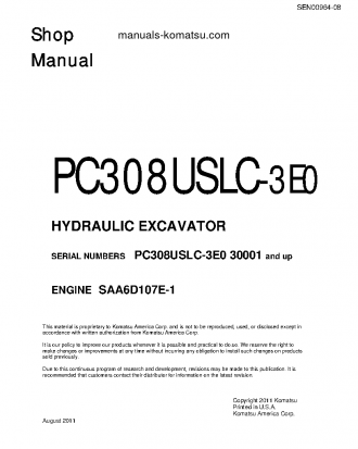 PC308USLC-3(JPN)-E0 S/N 30001-UP Shop (repair) manual (English)