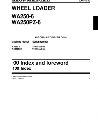 WA250-6(JPN)-FOR N. AMERICA S/N 75001-UP Shop (repair) manual (English)