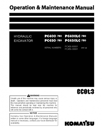 PC400LC-7(JPN)-E0, WORK EQUIPMENT GREASE 100H S/N 60001-UP Operation manual (English)