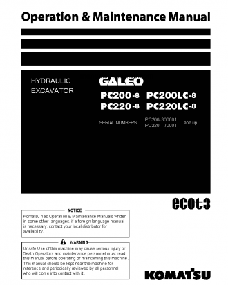 PC200LC-8(JPN)-WORK EQUIPMENT GREASE 100H S/N C60001-UP Operation manual (English)