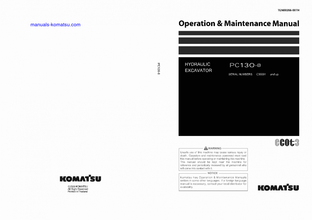 PC130-8(THA) S/N C30001-UP Operation manual (English)