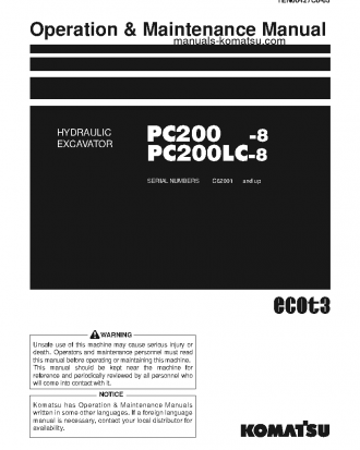 PC200-8(THA)-M0, GREASING 100H, FOR KAL S/N C10001-C19999 Operation manual (English)