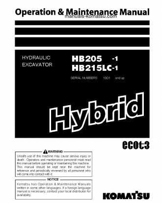 HB215LC-1(JPN)-HYBRID GREASING INTERVAL 500 HOUR S/N 1001-2634 Operation manual (English)