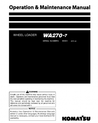 WA270-7(JPN) S/N 80001-UP Operation manual (English)