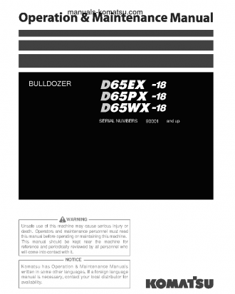 D65WX-18(JPN) S/N 90001-90165 Operation manual (English)