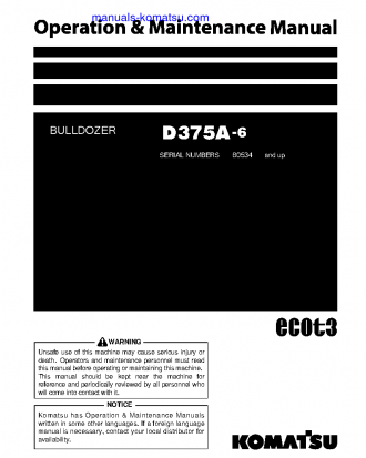 D375A-6(JPN)-ONE-WAY STEERING LEVER S/N 60534-UP Operation manual (English)