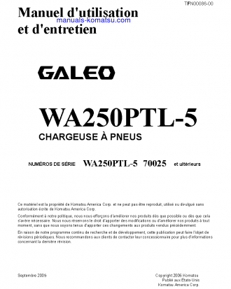 WA250PTL-5(JPN) S/N 70025-UP Operation manual (French)