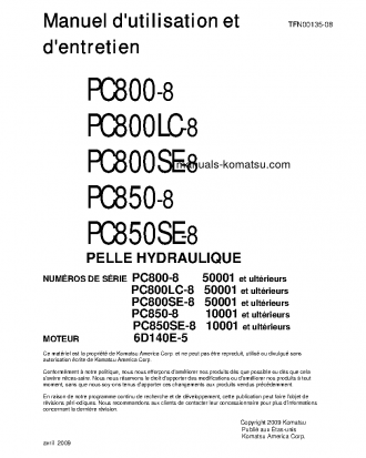 PC800-8(JPN) S/N 50001-UP Operation manual (French)