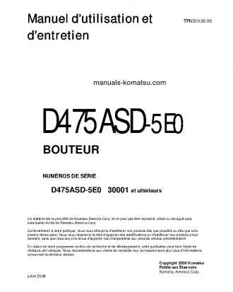 D475ASD-5(JPN)-E0, SUPER DOZER S/N 30001-30070 Operation manual (French)