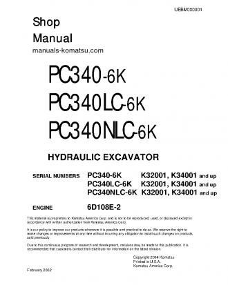 PC340LC-6(GBR)-K S/N K32001-K34000 Shop (repair) manual (English)