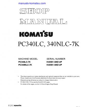 PC340NLC-7(GBR)-K S/N K40001-UP Shop (repair) manual (English)