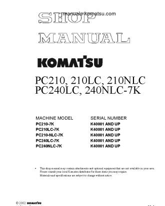 PC210-7(GBR)-K S/N K40001-UP Shop (repair) manual (English)