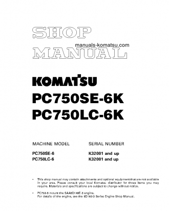PC750SE-6(GBR)-K S/N K32001-UP Shop (repair) manual (English)
