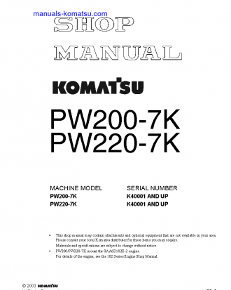 PW220-7(GBR)-K S/N K40001-UP Shop (repair) manual (English)
