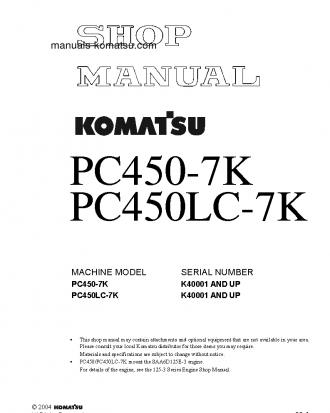 PC450LC-7(GBR)-K S/N K40001-UP Shop (repair) manual (English)