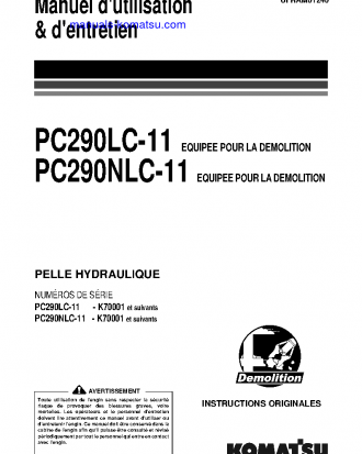 PC290LC-11(GBR)-DEMOLITION S/N K70001-UP Operation manual (French)