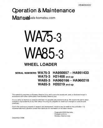 WA85-3(DEU) S/N HA960166-HA960218 Operation manual (English)