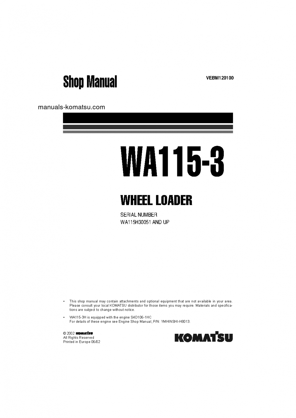 WA115-3(DEU) S/N H30051-UP Shop (repair) manual (English)