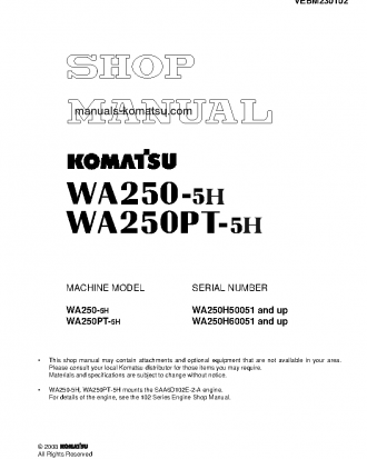 WA250-5(DEU)-H S/N H50051-UP Shop (repair) manual (English)