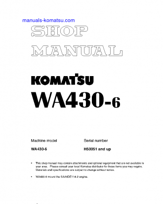 WA430-6(DEU) S/N H50051-UP Shop (repair) manual (English)