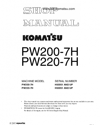 PW200-7(DEU) S/N H50051-UP Shop (repair) manual (English)