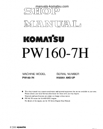 PW160-7(DEU) S/N H50051-UP Shop (repair) manual (English)
