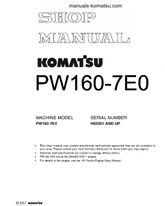 PW160-7(DEU)-TIER 3 S/N H55051-UP Shop (repair) manual (English)