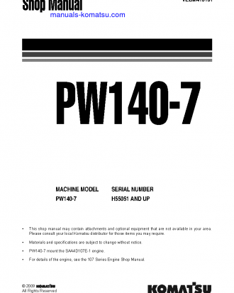 PW140-7(DEU) S/N H55051-UP Shop (repair) manual (English)