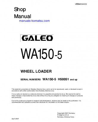 WA150-5(DEU) S/N H50051-UP Shop (repair) manual (English)