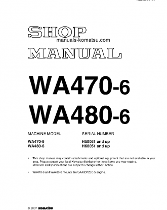 WA480-6(DEU) S/N H60051-UP Shop (repair) manual (English)