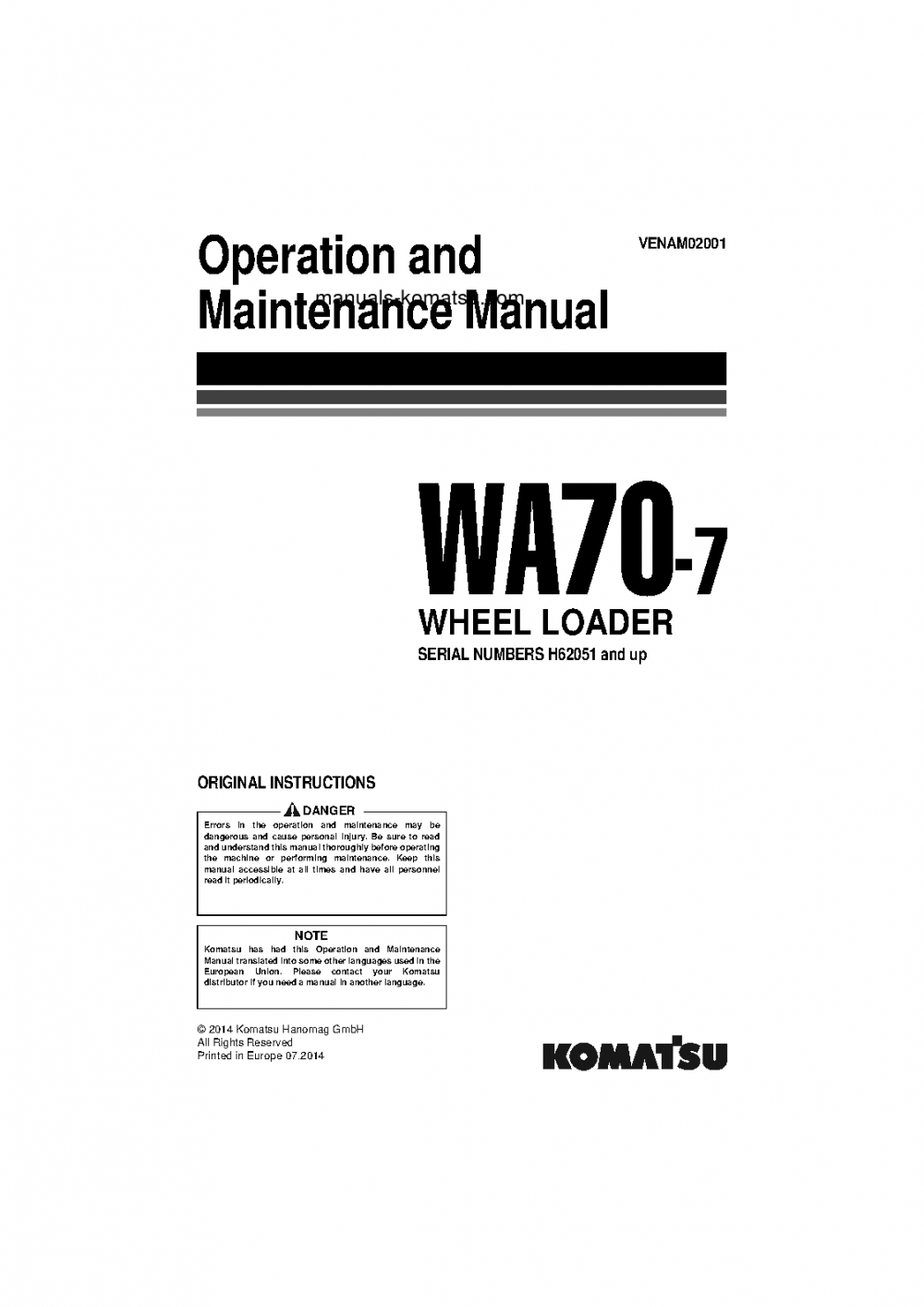 WA70-7(DEU) S/N H62051-UP Operation manual (English)