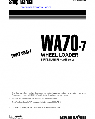 WA70-7(DEU) S/N H62051-UP Shop (repair) manual (English)