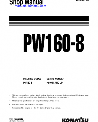 PW160-8(DEU) S/N H60051-UP Shop (repair) manual (English)