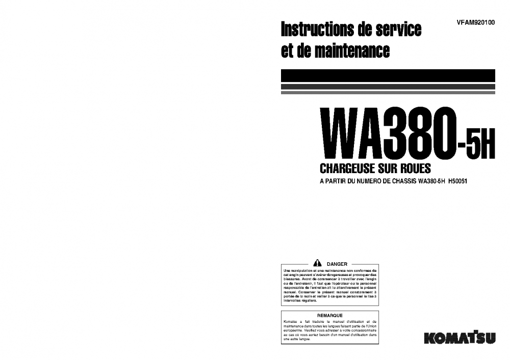 WA380-5(DEU)-H S/N H50051-UP Operation manual (French)