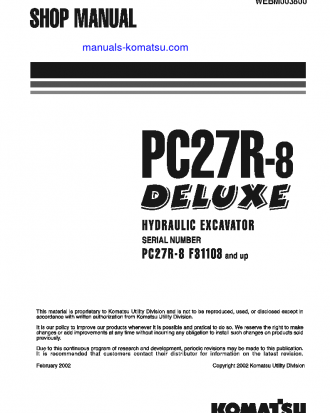 PC27R-8(JPN) S/N F31103-UP Shop (repair) manual (English)